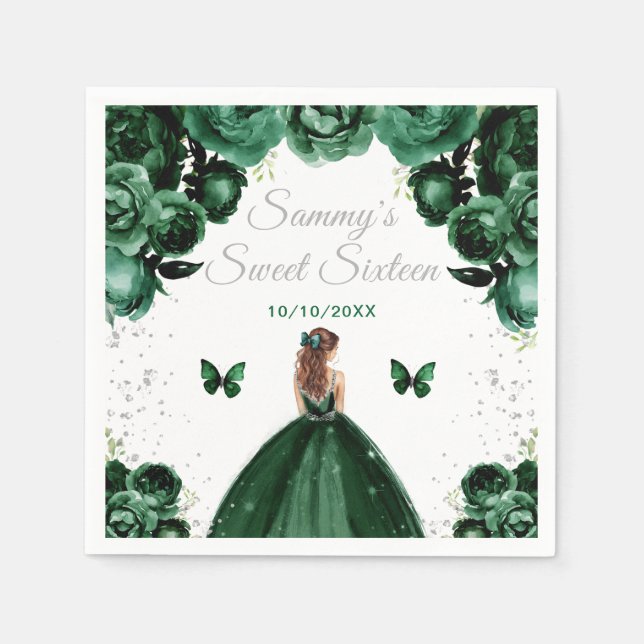 Dark Green Brown Hair Princess Sweet Sixteen Napkin (Front)
