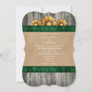 Dark Green Brown Rustic Sunflower Wedding Invite