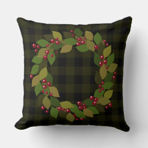 Dark Green Buffalo Plaid Leaves, Berries Wreath Cushion