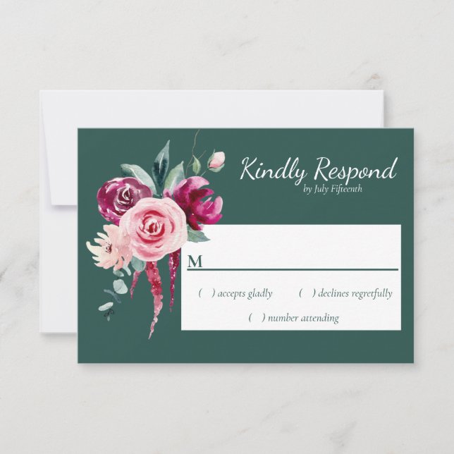 Dark Green, Burgundy & Blush Boho  RSVP (Front)