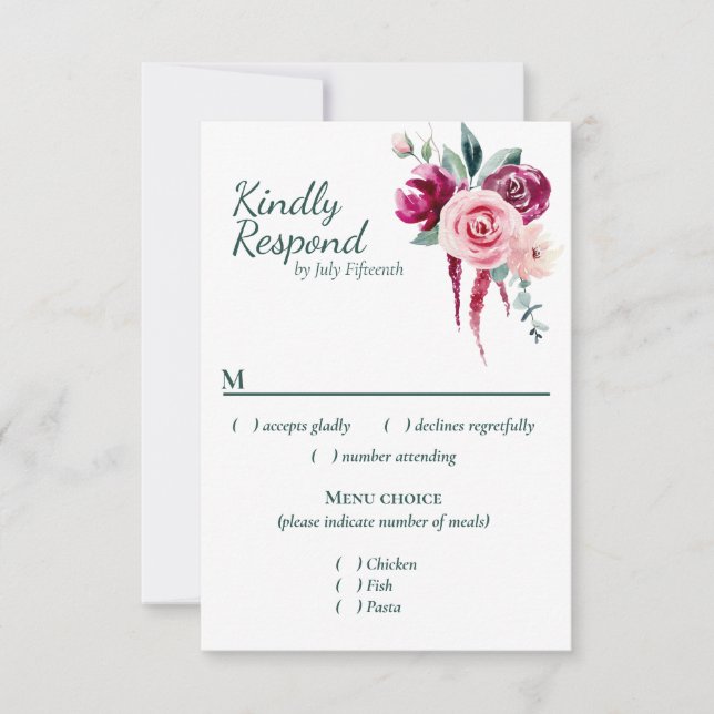 Dark Green, Burgundy & Blush Boho  RSVP w/menu Cho Card (Front)