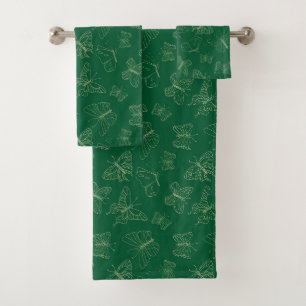 Dark Green Butterfly Print, Nature Inspired Bath Towel Set