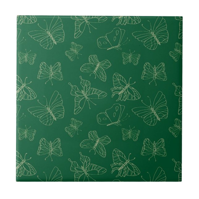 Dark Green Butterfly Print, Nature Inspired Cerami Ceramic Tile (Front)