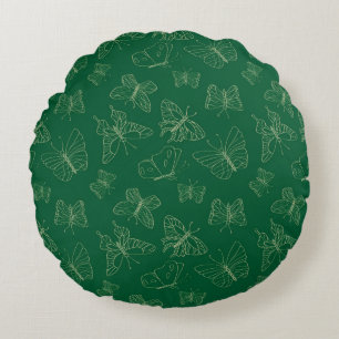 Dark Green Butterfly Print, Nature Inspired Round Cushion