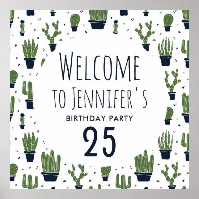 Dark Green Cactus Desert Pattern Birthday Welcome Poster (Front)