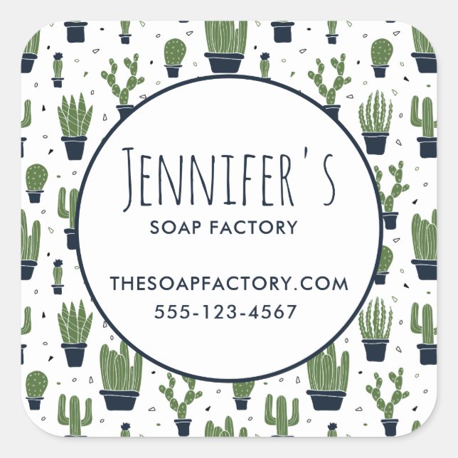 Dark Green Cactus Desert Pattern Business Square Sticker (Front)