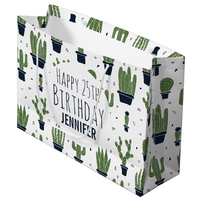 Dark Green Cactus Desert Pattern Happy Birthday Large Gift Bag (Front Angled)