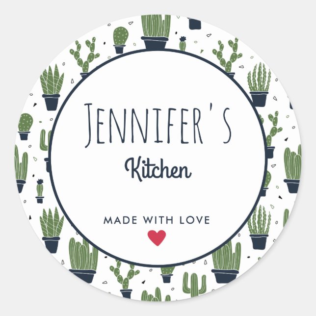 Dark Green Cactus Desert Pattern Kitchen Classic Round Sticker (Front)