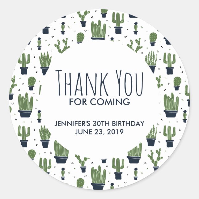 Dark Green Cactus Pattern Birthday Thank You Classic Round Sticker (Front)