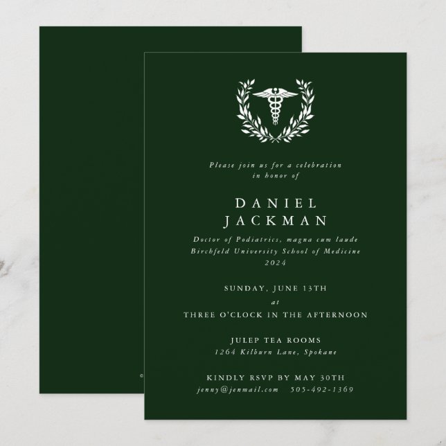 Dark Green Caduceus Medical School Graduation Invitation (Front/Back)