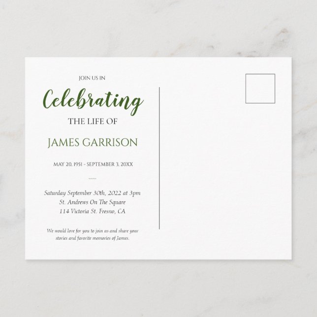 Dark Green Celebration of Life With Photo Funeral Postcard (Back)