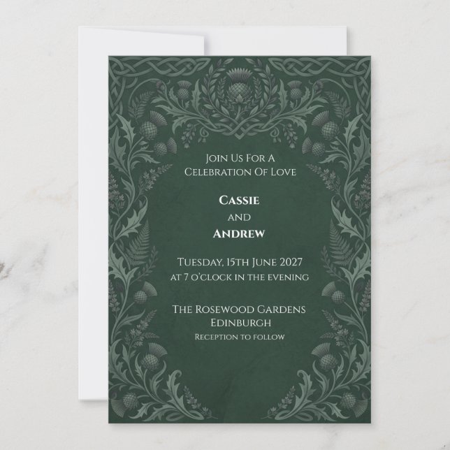 Dark Green Celtic Thistle Wedding Invitation (Front)
