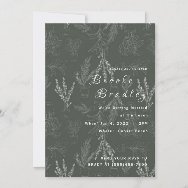 Dark Green Chalk‑Style Botanical Wedding Invitation (Front)