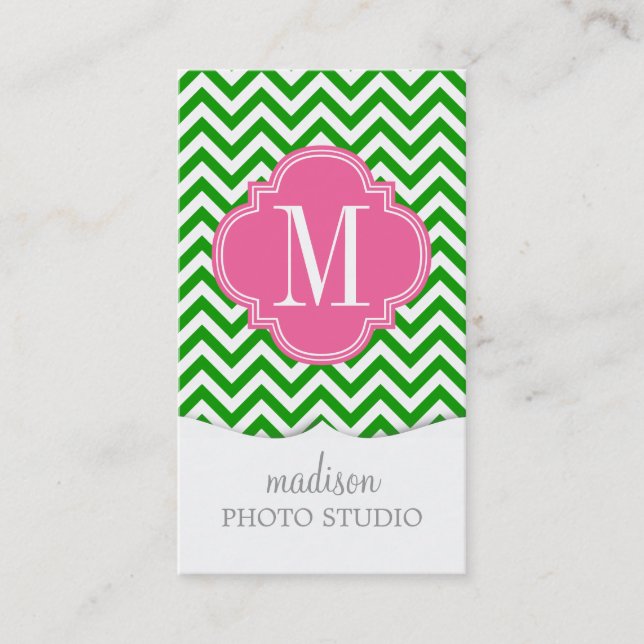 Dark Green Chevron Zigzag Personalised Monogram Business Card (Front)