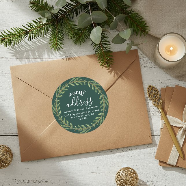 Dark Green Christmas Greenery New Address Classic Round Sticker (Creator Uploaded)