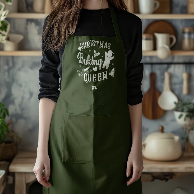 Dark Green Christmas Monogram Baking Queen Mothers Apron (Creator Uploaded)
