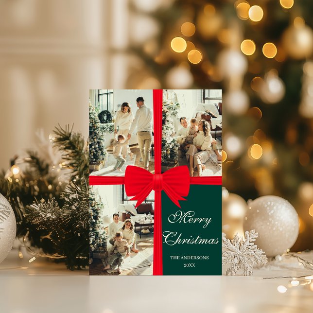 Dark Green Christmas Photo Card with Red Bow (Creator Uploaded)