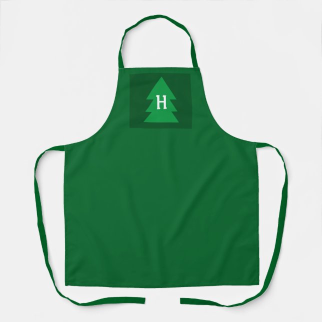 Dark Green Christmas Tree Custom Initial Elegant Apron (Front)