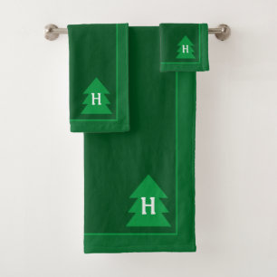 Dark Green Christmas Tree Custom Initial Elegant Bath Towel Set