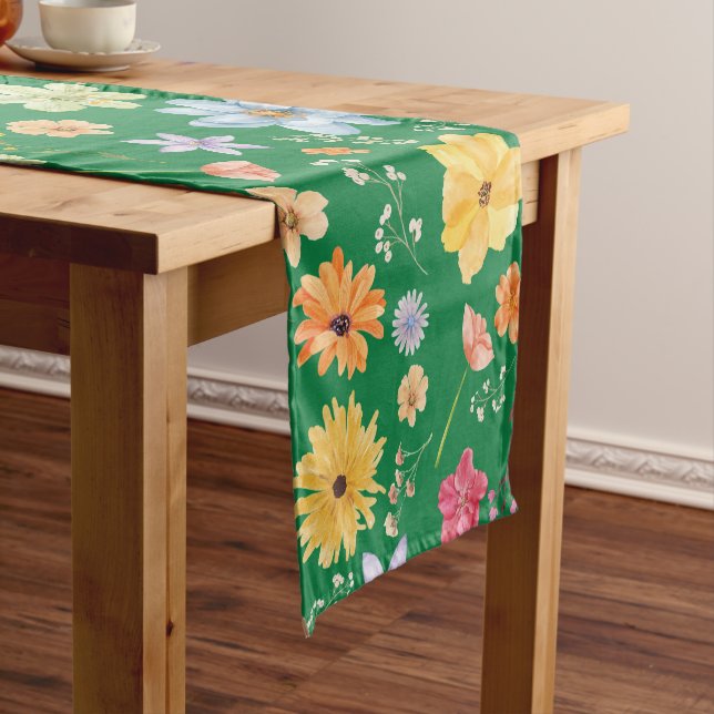 Dark Green Colour With Flowers Designs  Short Table Runner (In Situ)