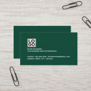 dark green contact card with business logo