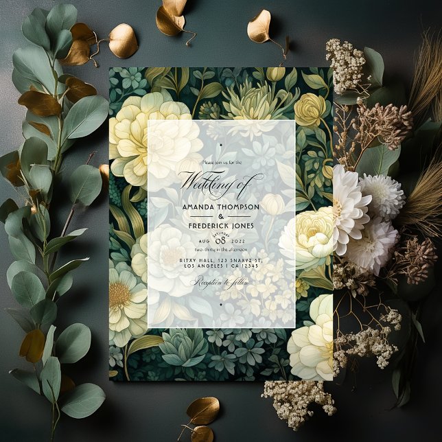 Dark Green, Cream and Gold Floral Wedding Invitation (Creator Uploaded)