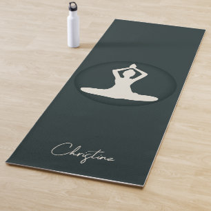 Dark Green-Cream Yoga Pose with Custom Name Mat