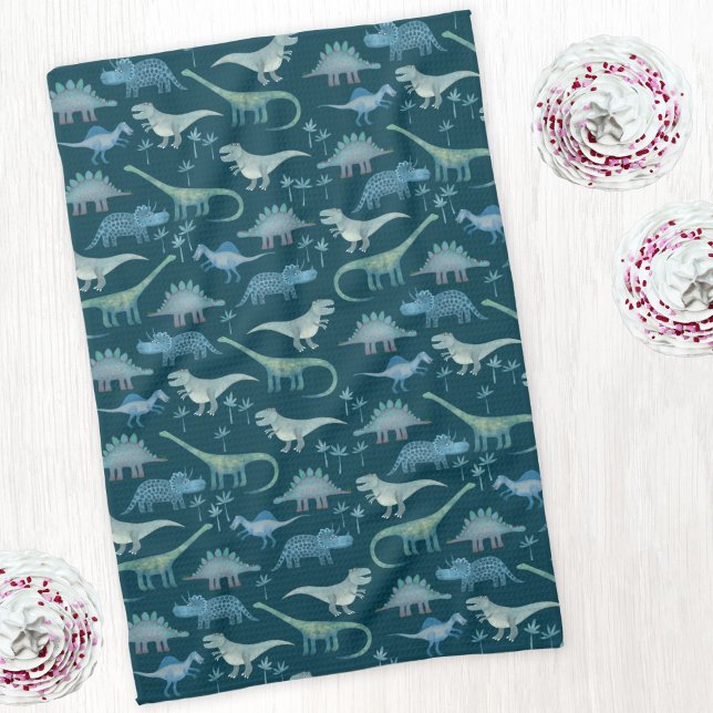 Dark Green Cute Dinosaur Pattern Tea Towel (Dinosaur pattern teal green art kitchen tea towel)