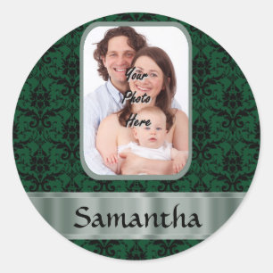 Dark green damask photo template classic round sticker