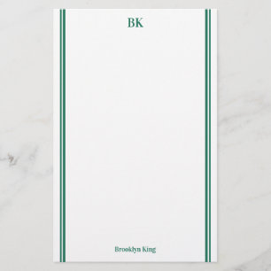 Dark Green Double Lines Monogram & Name Stationery