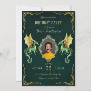 Dark Green dragon golden birthday Invitation