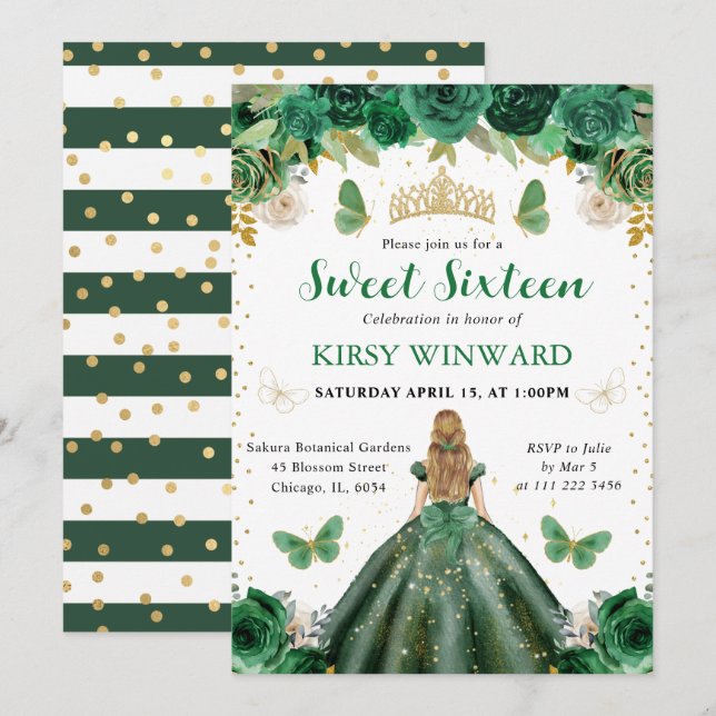 Dark Green Dress Blonde Princess Sweet 16 Invitation (Front/Back)