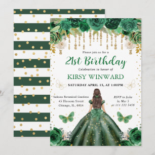 Dark Green Dress Brunette Haired Princess Birthday Invitation
