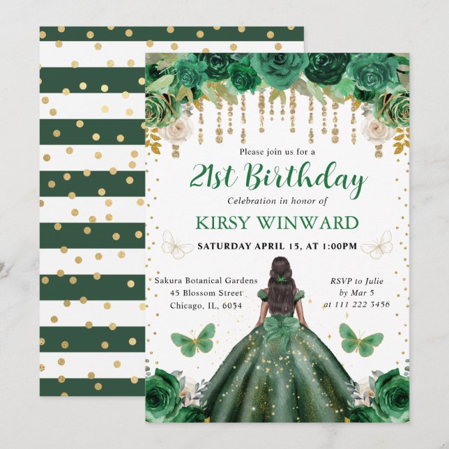 Dark Green Dress Dark Skin Princess Birthday Invitation (Front/Back)