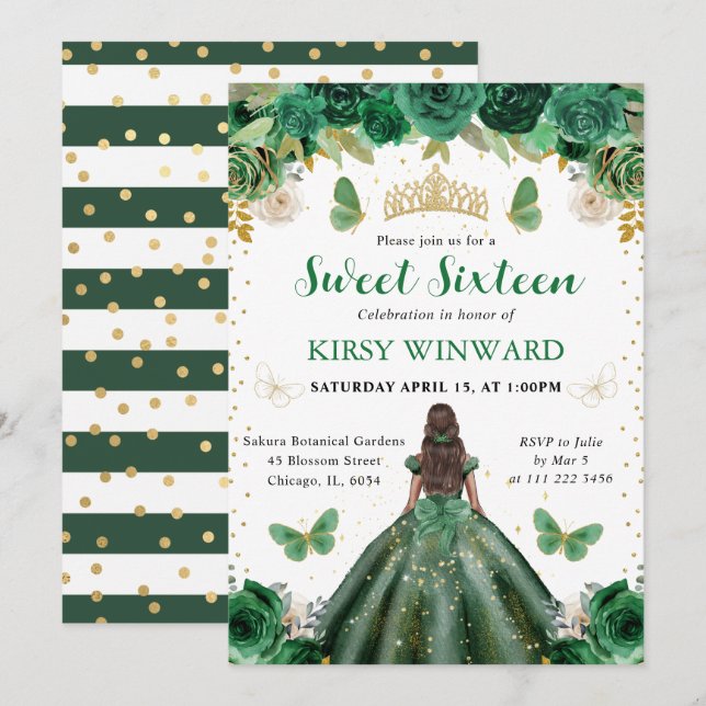Dark Green Dress Dark Skin Princess Sweet 16 Invitation (Front/Back)