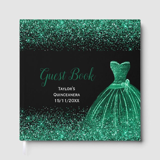 Dark Green Dress Faux Glitter Quinceanera Guest Book (Front)
