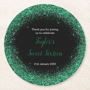 Dark Green Dress Faux Glitter Sweet 16 Birthday Round Paper Coaster