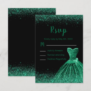 Dark Green Dress Faux Glitter Sweet 16 Birthday RSVP Card