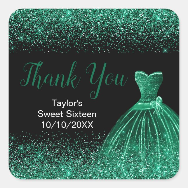 Dark Green Dress Faux Glitter Sweet 16 Birthday Square Sticker (Front)