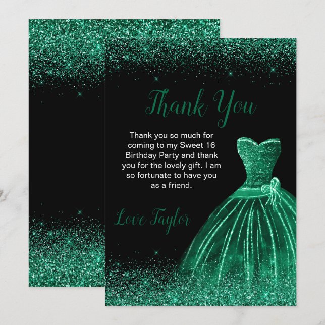 Dark Green Dress Faux Glitter Sweet 16 Birthday Thank You Card (Front/Back)