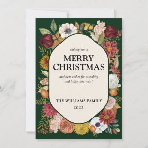 Dark Green Elegant Botanical Watercolor Floral Holiday Card