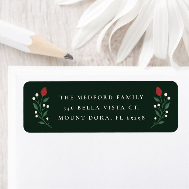 Dark Green Elegant Floral Christmas Return Address Label (Insitu)