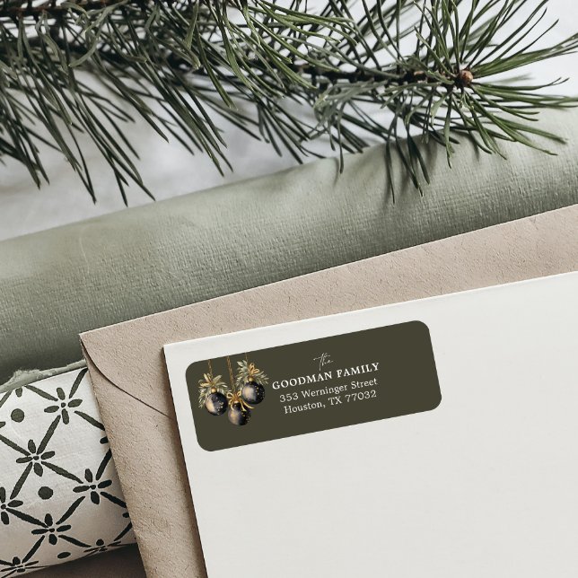 Dark Green Elegant Greenery Christmas Chic Return Address Label (CHRISTMAS LABEL WITH BAUBLES AND GOLD BLACK ORNAMENT AND CALLIGRAPHY ACCENT. DARK OLIVE)