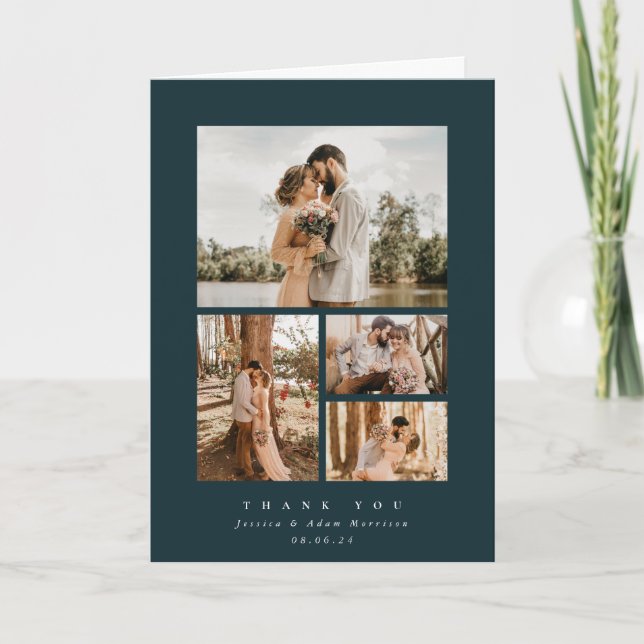 Dark Green Elegant Minimal 4 Photo Wedding Thank You Card (Front)