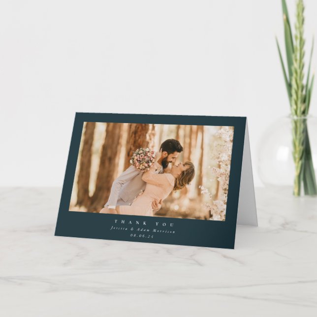 Dark Green Elegant Minimal Single Photo Wedding Thank You Card (Front)