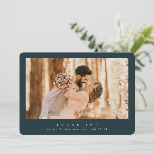 Dark Green Elegant Minimal Single Photo Wedding Thank You Card (Standing Front)