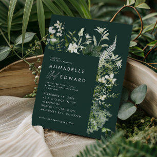 Dark green elegant modern botanical script wedding invitation