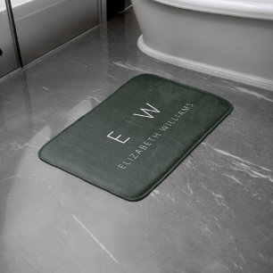 Dark Green Elegant Modern Minimalist Monogram Name Bath Mat