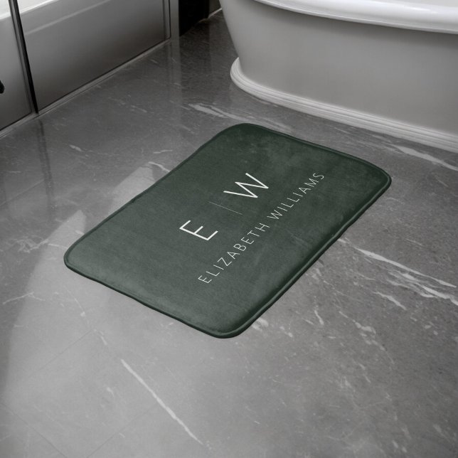 Dark Green Elegant Modern Minimalist Monogram Name Bath Mat (Creator Uploaded)
