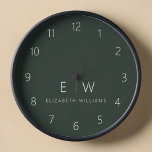 Dark Green Elegant Modern Minimalist Monogram Name Clock<br><div class="desc">Enhance your home decor with our Classic Elegant Modern Minimalist Monogram Wall Clock. This exquisite timepiece seamlessly combines timeless elegance with contemporary minimalism, elevating your living space to new levels of sophistication. Crafted with precision and meticulous attention to detail, this wall clock is more than just a functional accessory; it's...</div>